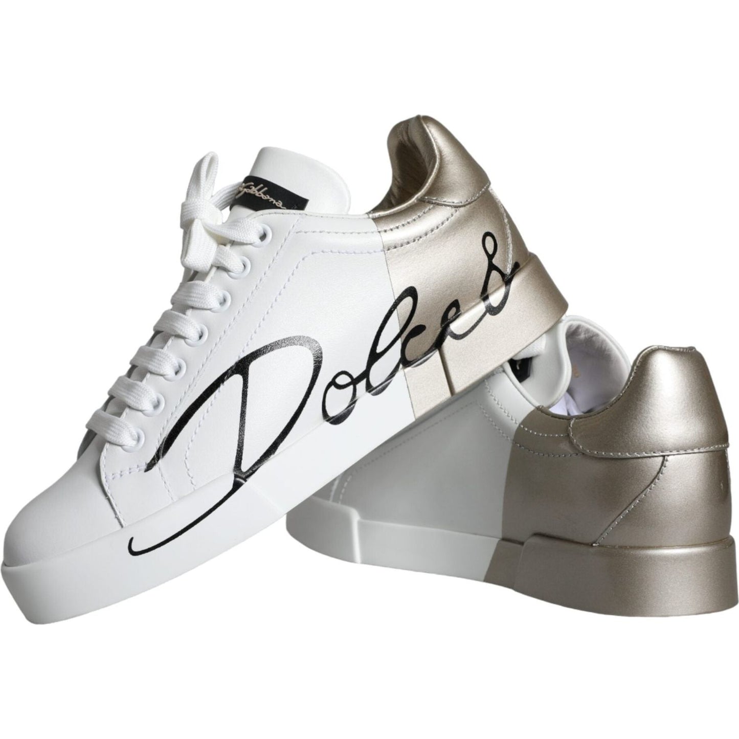 Dolce & Gabbana White Gold Portofino Low Top Leather Sneakers Shoes LA11251-36