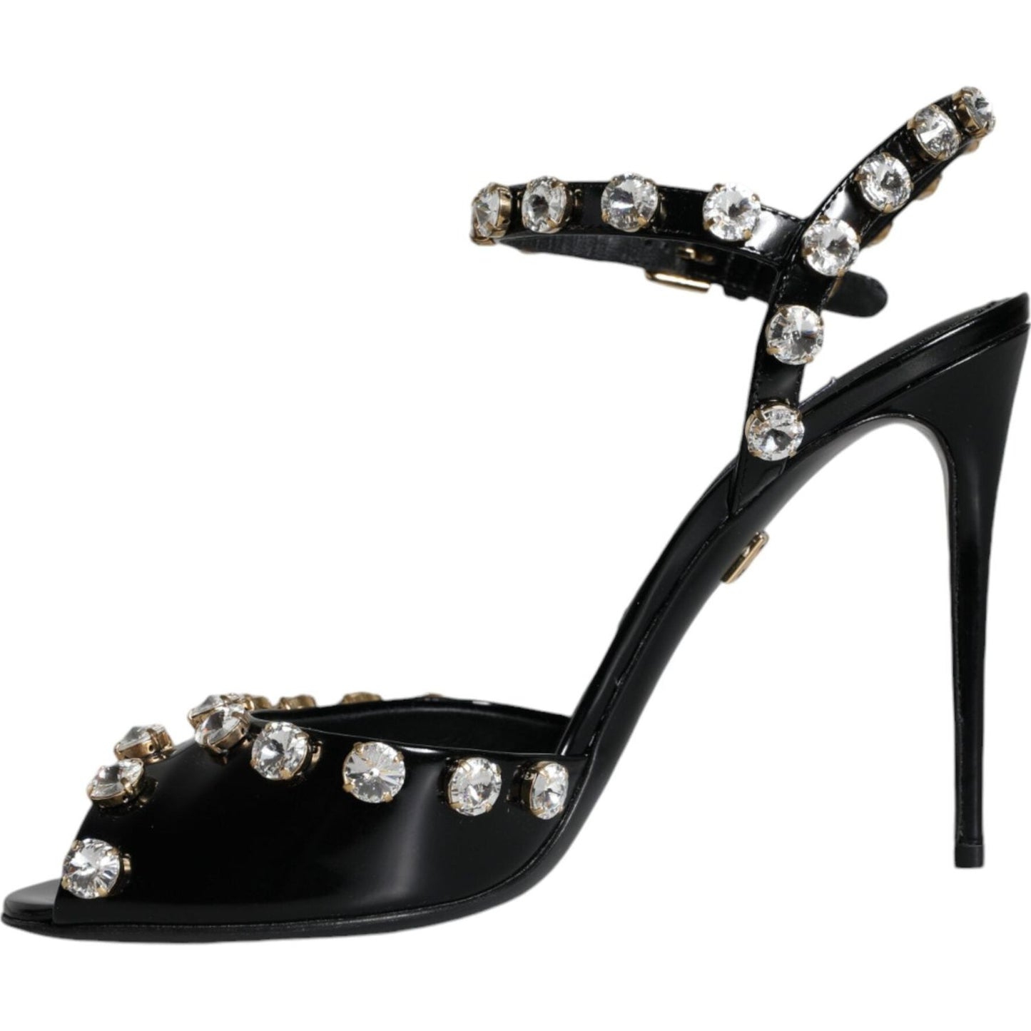 Dolce & Gabbana Black Leather Crystal Ankle Strap Sandals Shoes LA11395-39