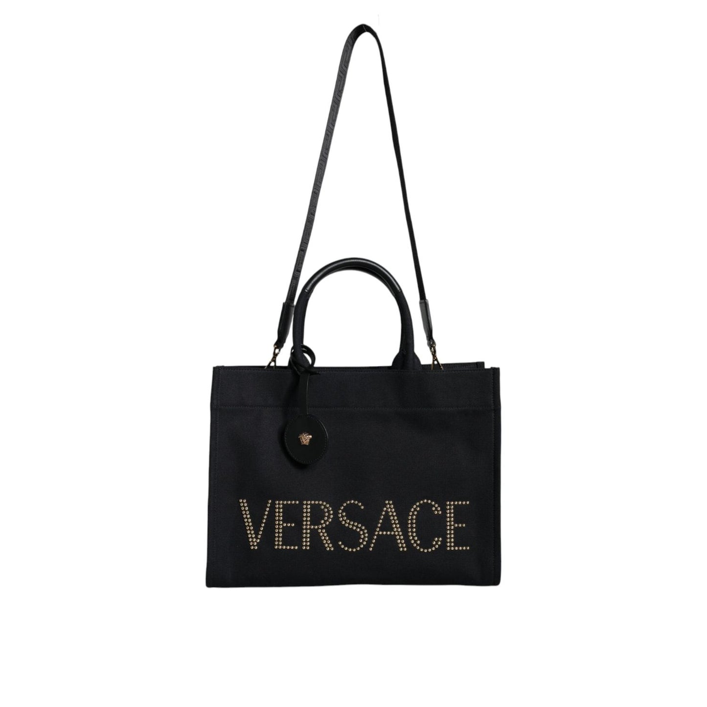 Versace Black Top Handle Canvas Leather Logo Crossbody Tote Bag BAG1589