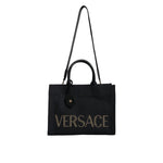 Versace Black Top Handle Canvas Leather Logo Crossbody Tote Bag BAG1589