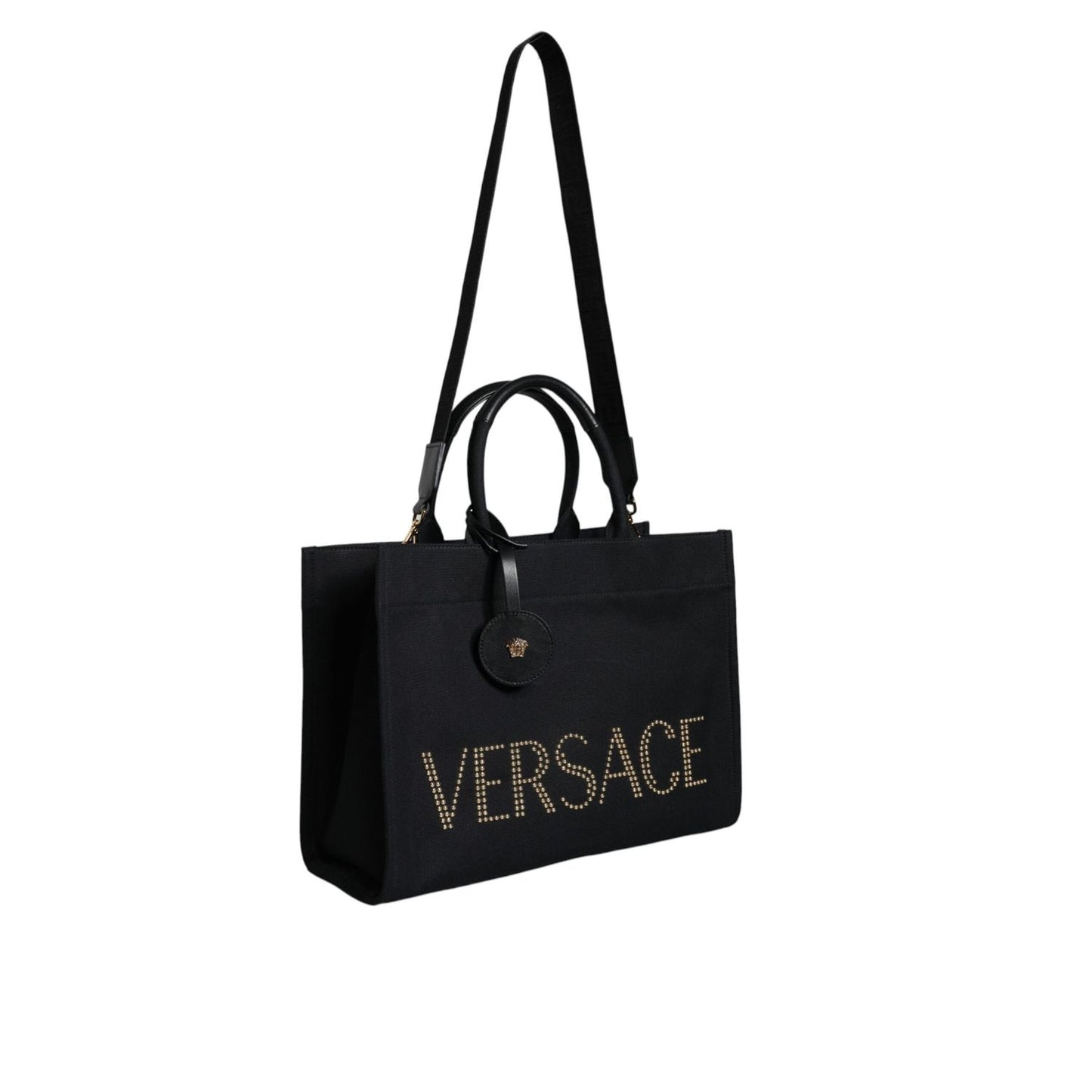 Versace Black Top Handle Canvas Leather Logo Crossbody Tote Bag BAG1589