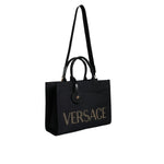 Versace Black Top Handle Canvas Leather Logo Crossbody Tote Bag BAG1589
