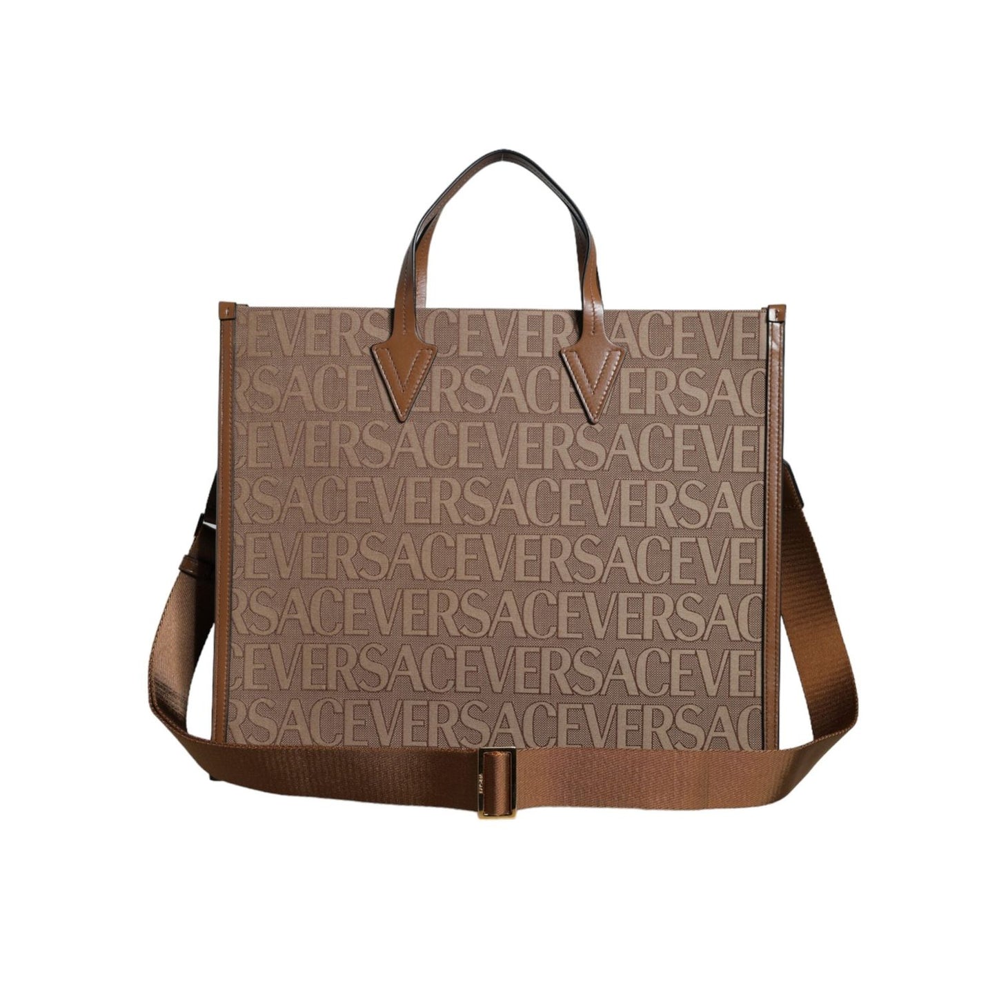Versace Brown Top Handle Jacquard Leather Logo Crossbody Tote Bag BAG1593