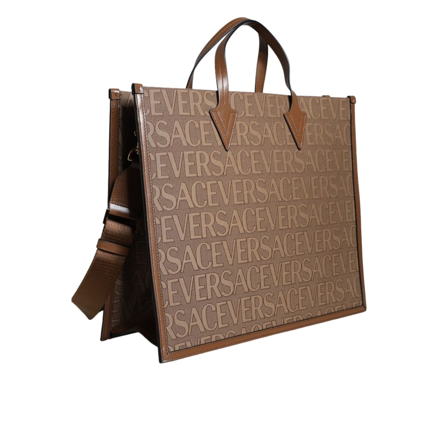 Versace Brown Top Handle Jacquard Leather Logo Crossbody Tote Bag BAG1593