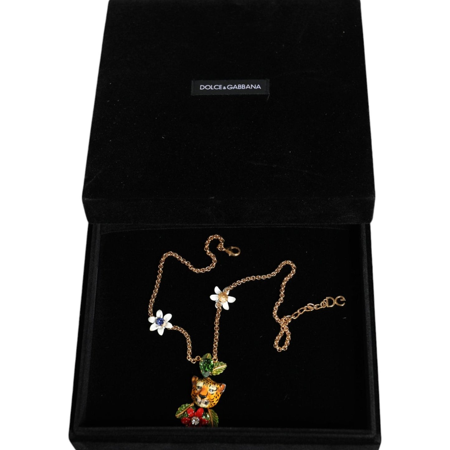 Dolce & Gabbana Gold Brass Leopard Flower Embellished Statement Necklace
