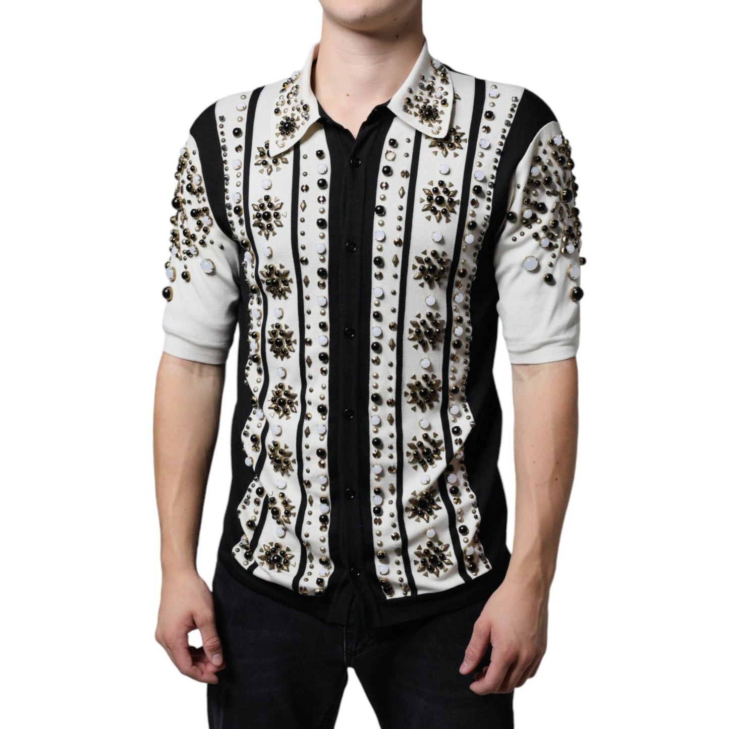 Dolce & Gabbana White Black Silk Studded Stone Crystal Shirt JKT41262-48
