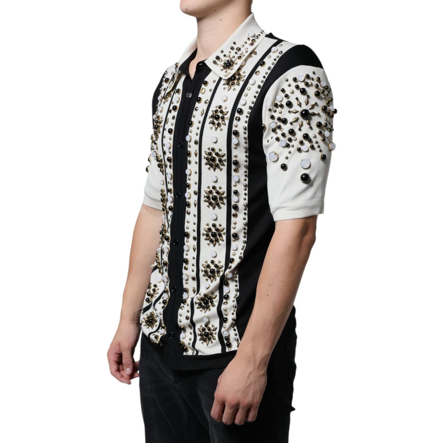 Dolce & Gabbana White Black Silk Studded Stone Crystal Shirt JKT41262-48