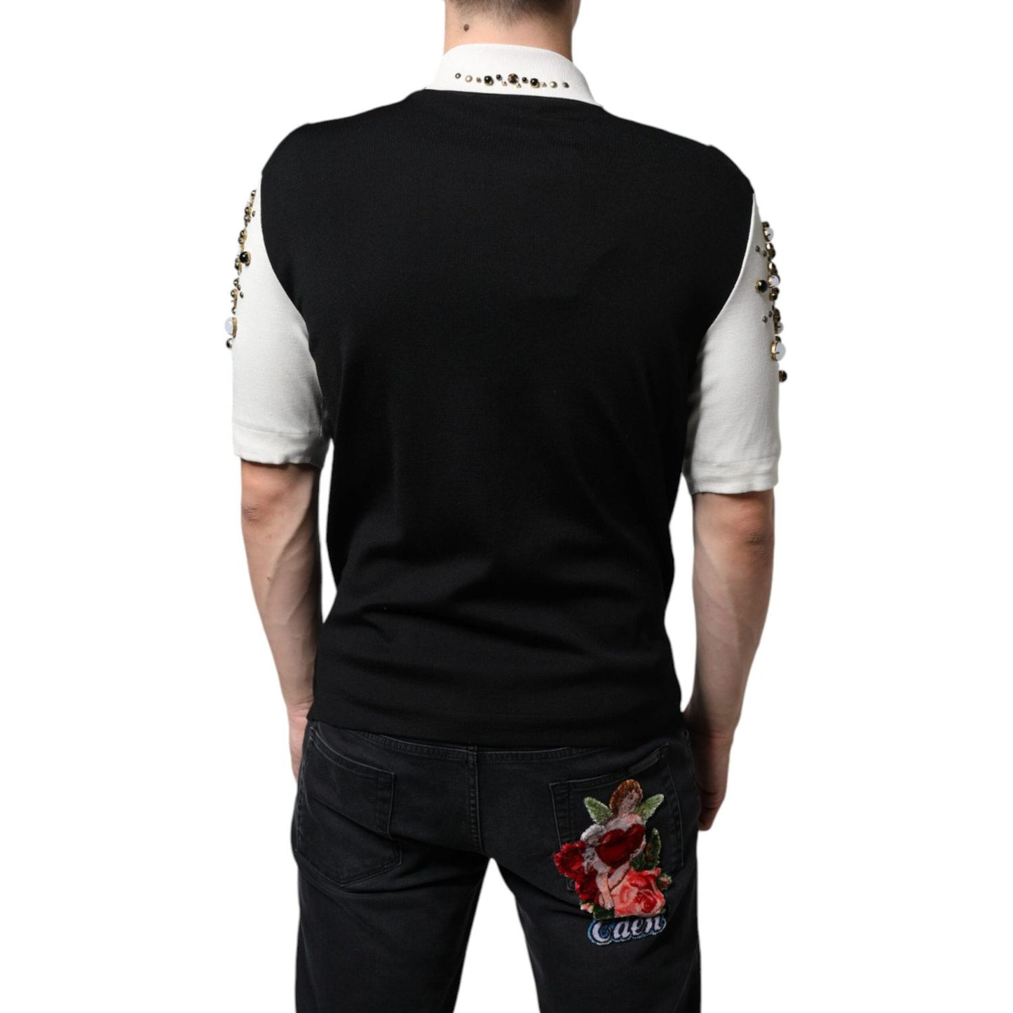 Dolce & Gabbana White Black Silk Studded Stone Crystal Shirt JKT41262-48