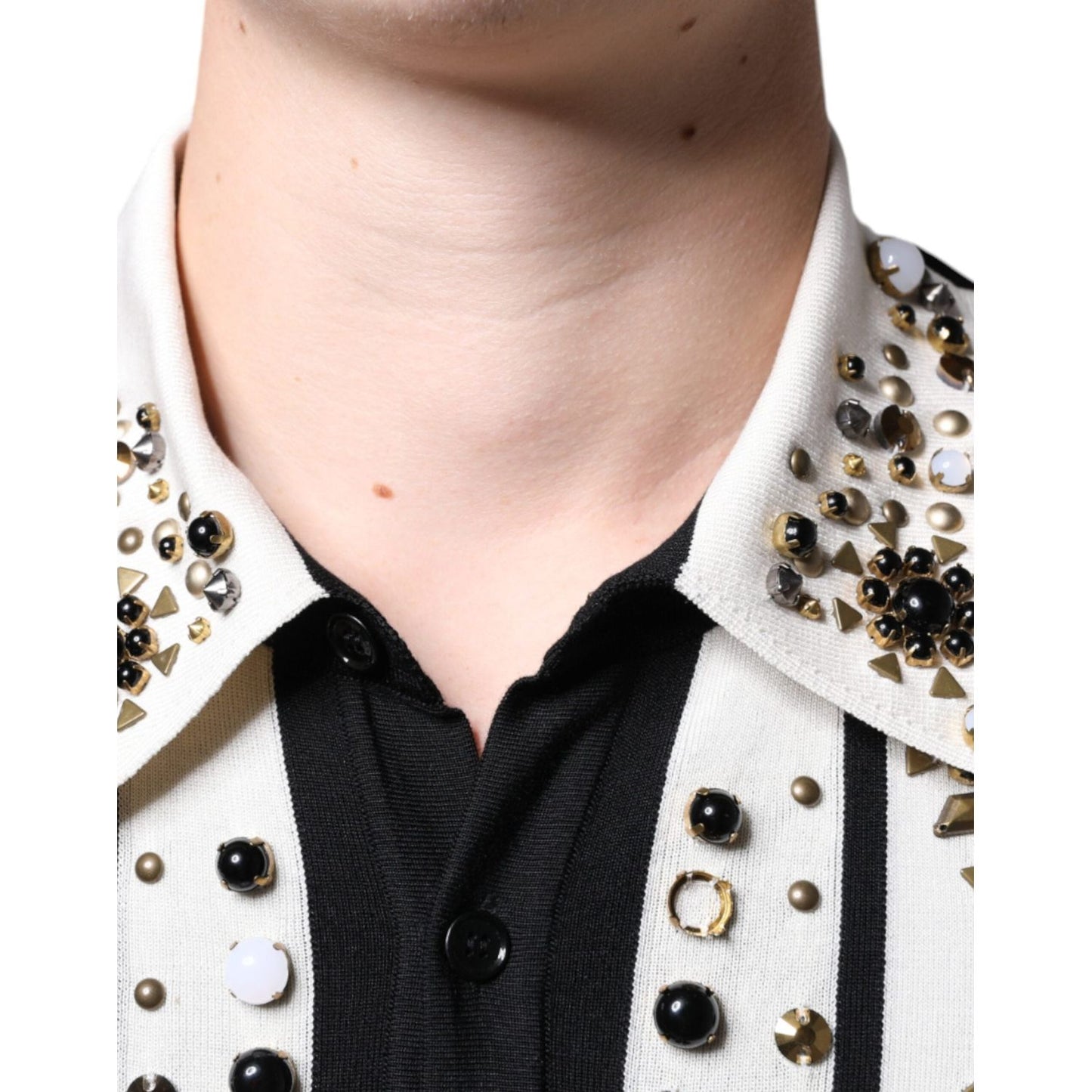 Dolce & Gabbana White Black Silk Studded Stone Crystal Shirt JKT41262-48