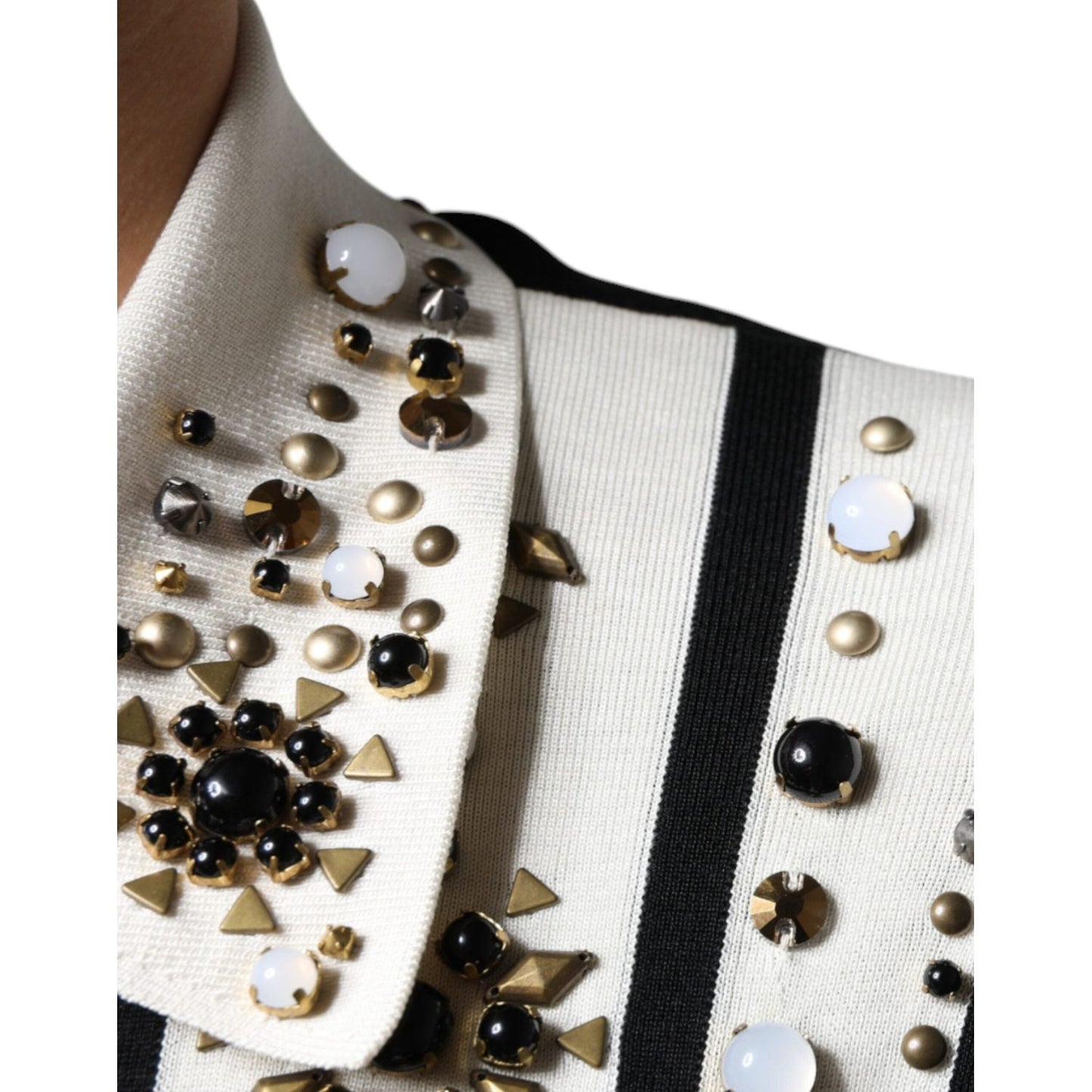 Dolce & Gabbana White Black Silk Studded Stone Crystal Shirt JKT41262-48