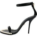 Dolce & Gabbana Black Keira Leather Faux Pearl Sandals Heels Shoes LA11782-37.5