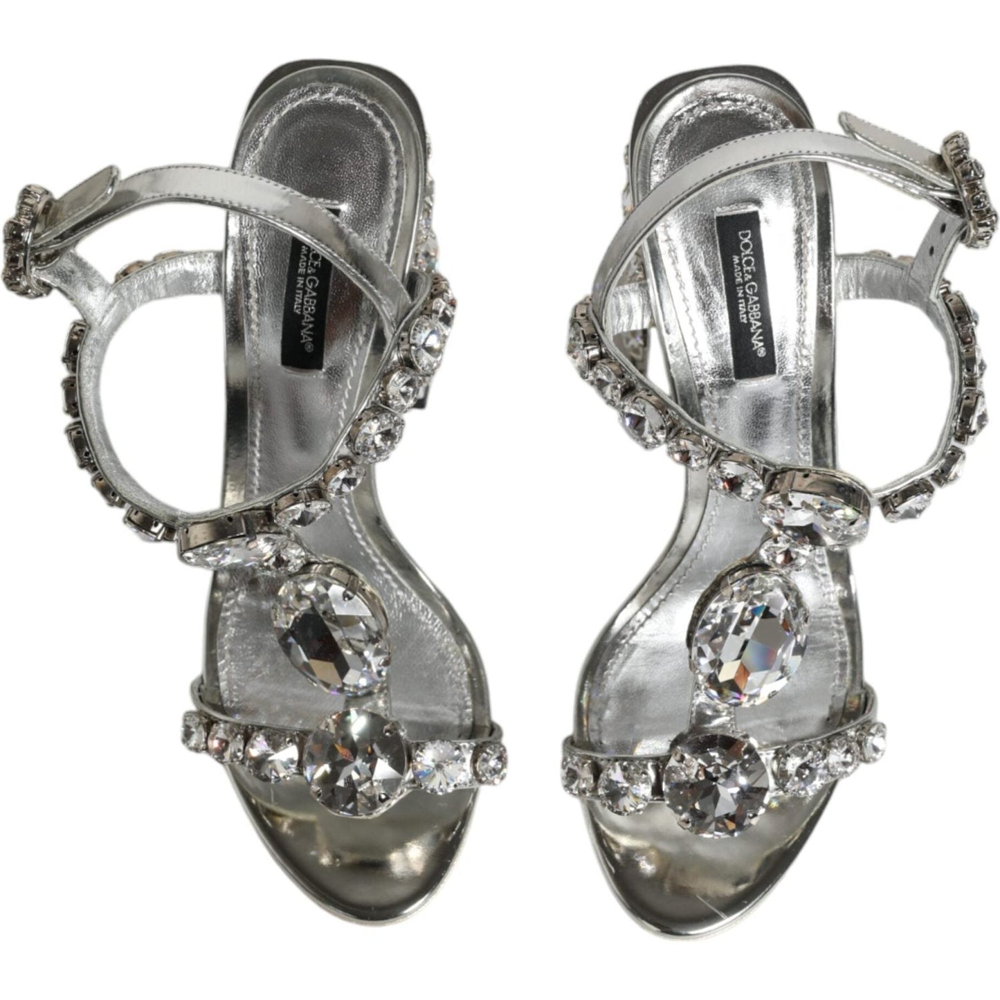 Dolce & Gabbana Silver Leather T-strap Crystal Sandals Shoes LA11853-37