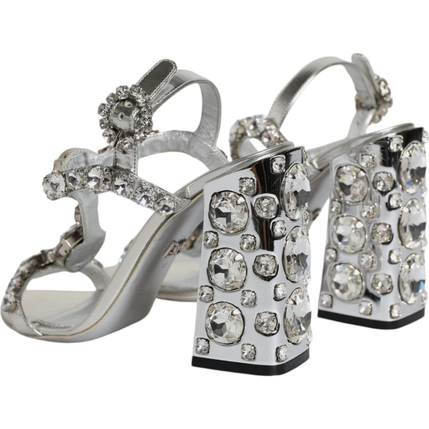 Dolce & Gabbana Silver Leather T-strap Crystal Sandals Shoes LA11853-37