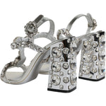 Dolce & Gabbana Silver Leather T-strap Crystal Sandals Shoes LA11853-37