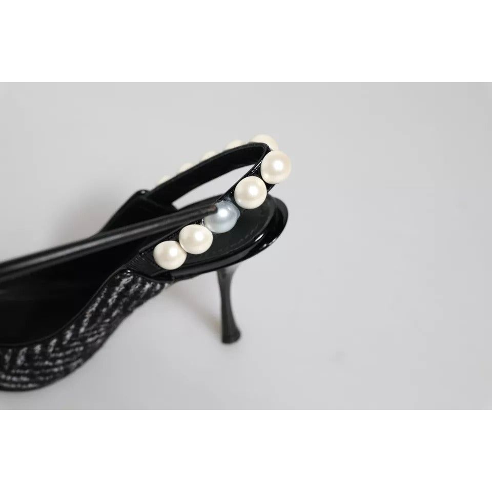 Dolce & Gabbana White Black Chevron Faux Pearl Slingback Shoes LA11760-35