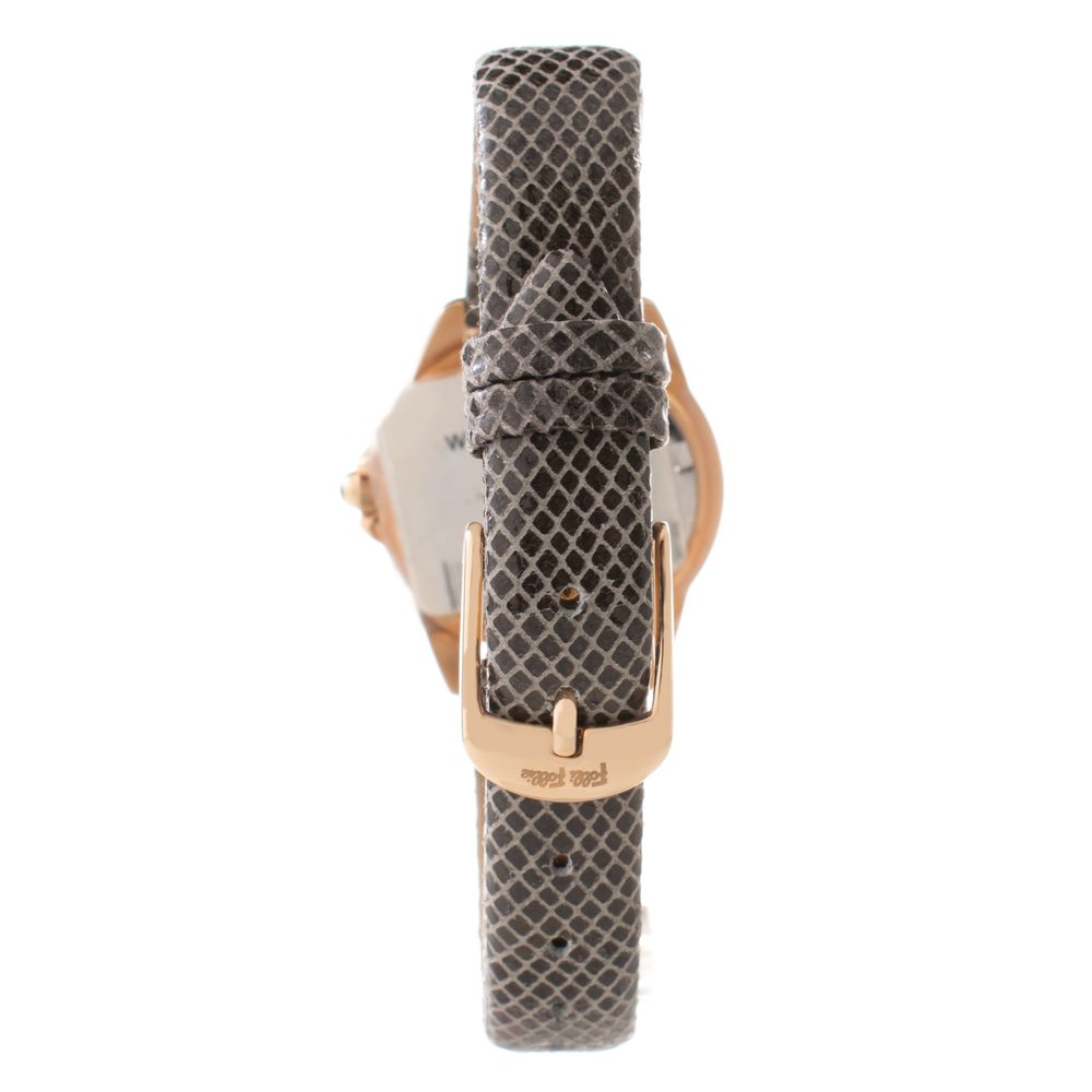 Back view of Folli Follie Gray Leather Dress Watch with gold stainless steel case and grey leather bracelet.
