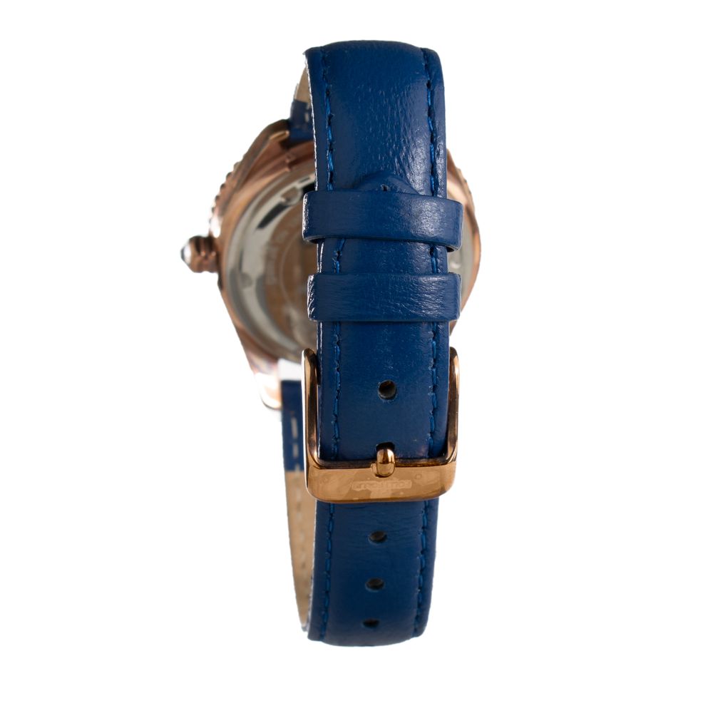 Folli Follie Blue Leather Dress Watch with gold stainless steel case, quartz mechanism, blue leather bracelet, and white dial.
