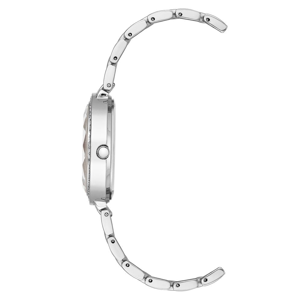 Side view of Juicy Couture Silver Metal Dress Watch with silver bracelet and mineral glass, featuring analog quartz movement.