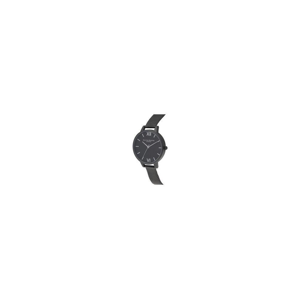 Olivia Burton Black Stainless Steel Dress Watch with black quartz analog display and Milanese mesh bracelet, 34mm diameter.