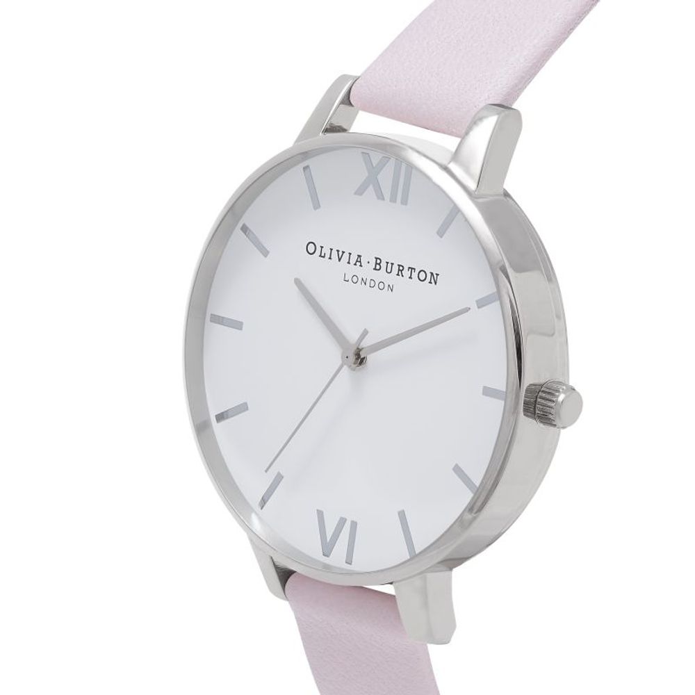 Olivia Burton Multicolor Artificial Leather Dress Watch with pink bracelet, silver stainless steel case, and white dial.