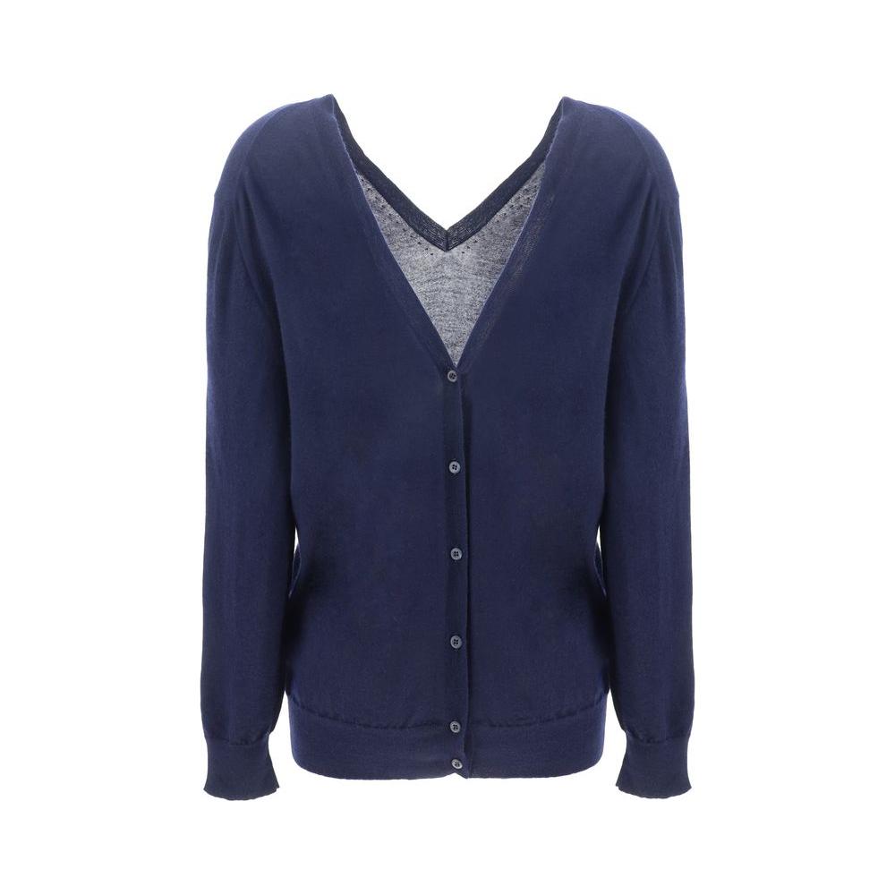 Luxurious Prada cashmere cardigan with button closure, ribbed cuffs, V-neck, and monochrome design for a chic, regular fit.