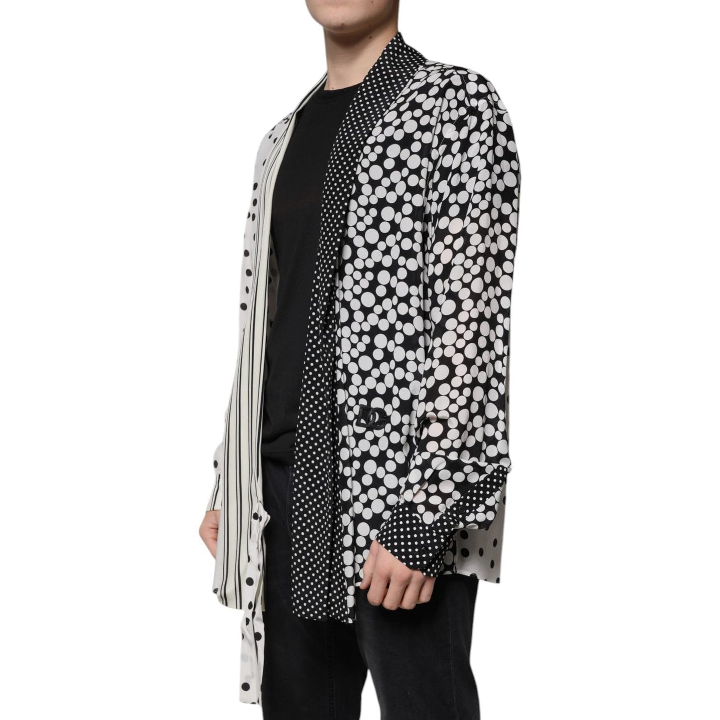Dolce & Gabbana Black White Polka Dots Silk Men Casual Shirt TSH87343-43