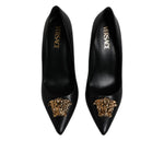 Versace Black Leather Logo Plaque High Heels Pumps Shoes