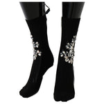 Dolce & Gabbana Black Knitted Floral Clear Crystal Socks SCS50-2