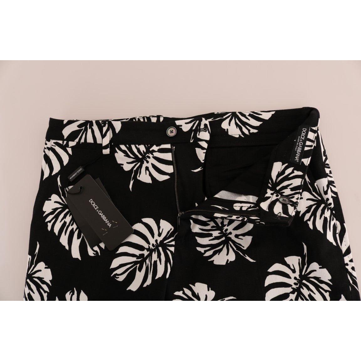 Dolce & Gabbana White Black Leaf Cotton Stretch Slim Pants PAN60812-6