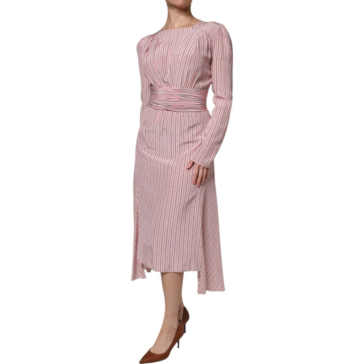 Ermanno Scervino Pink Stripes Silk Long Sleeves Midi Dress