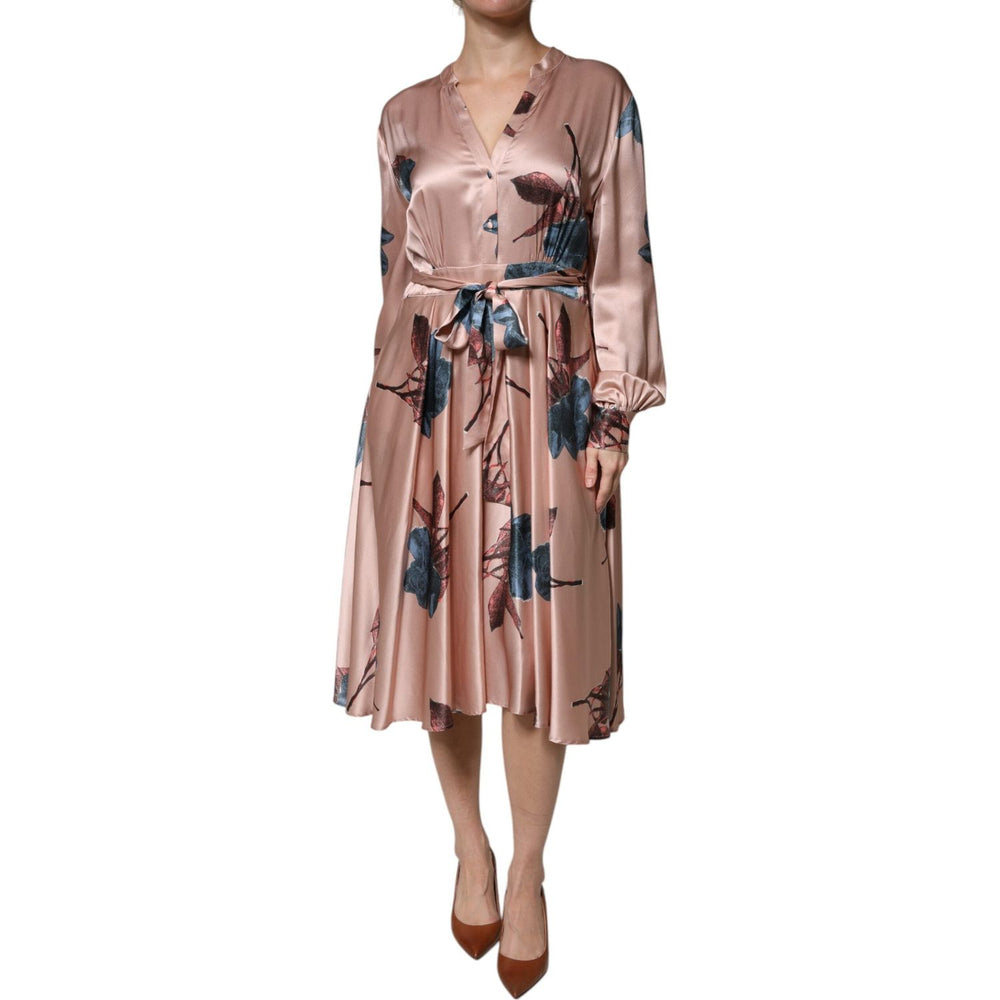 L'Autre Chose Pink Satin Floral Long Sleeves A-line Midi Dress
