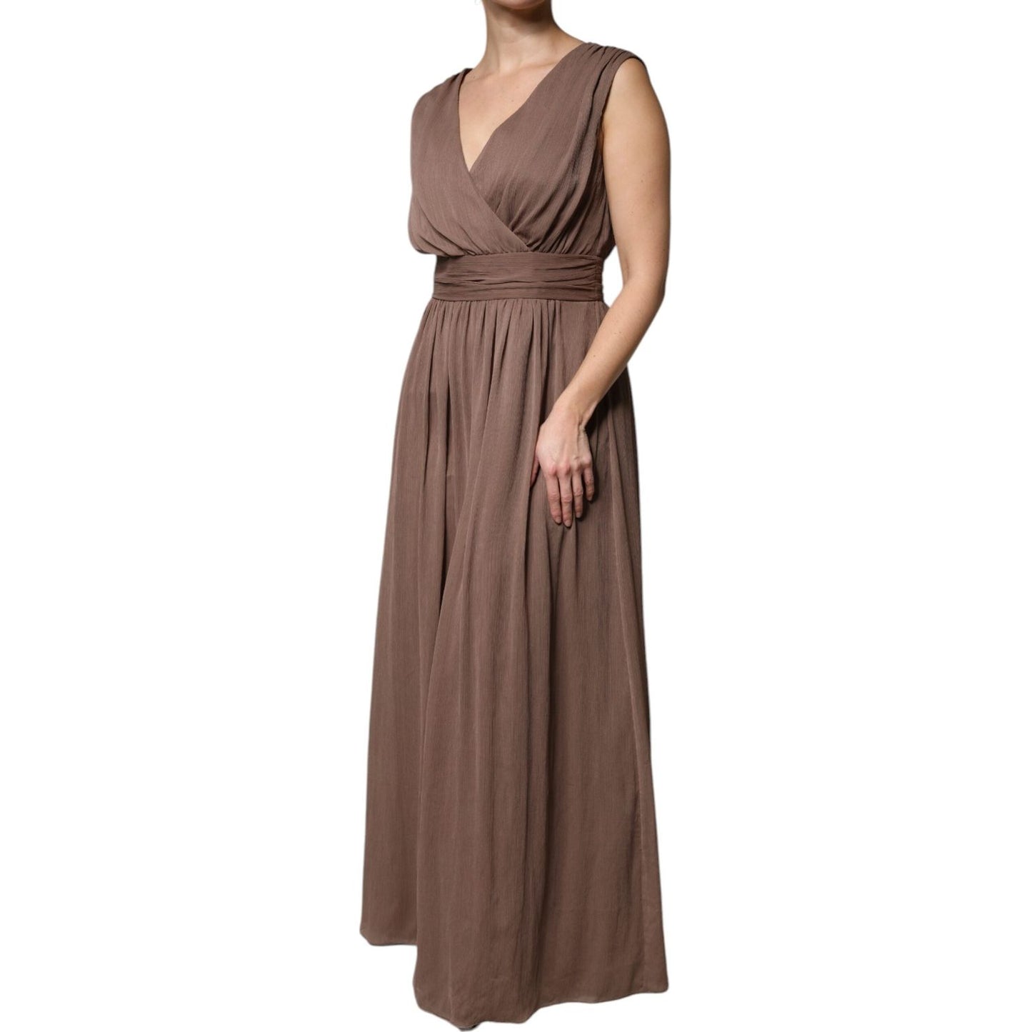 Peserico Brown Sleeveless Deep V-neck A-line Long Maxi Dress