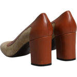 Dolce & Gabbana Beige Brown Leather Block Heels Pumps Shoes