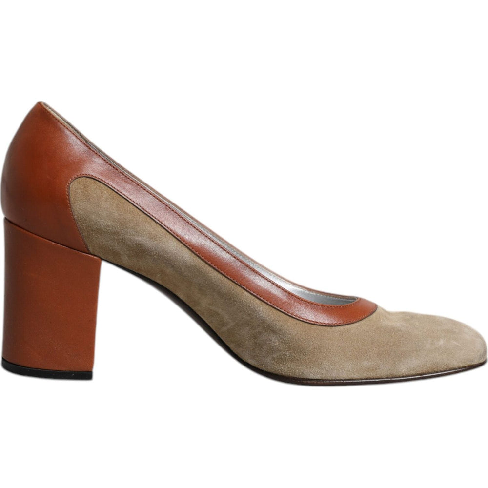 Dolce & Gabbana Beige Brown Leather Block Heels Pumps Shoes