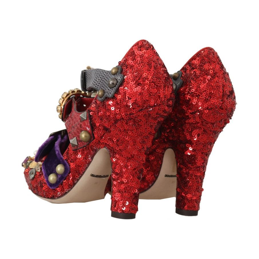 Dolce & Gabbana Red Sequined Crystal Studs Heels Shoes LA5364-36