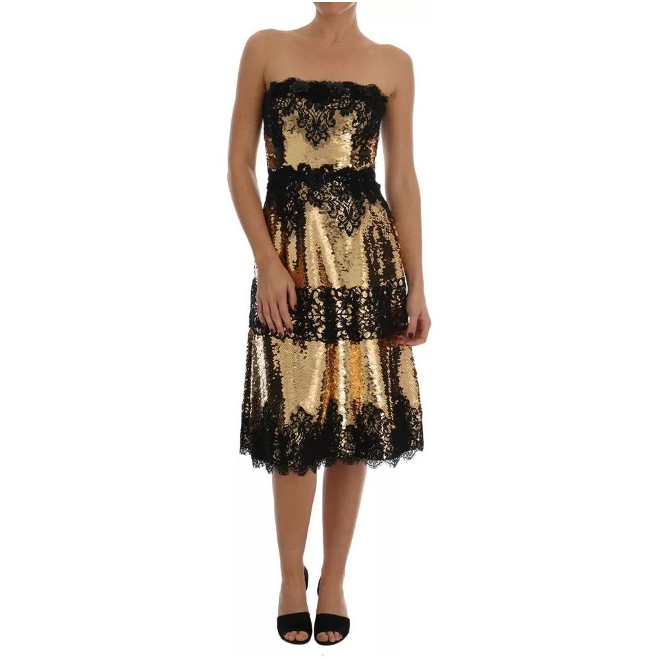 Dolce & Gabbana Gold Strapless Sequin Embellished Lace Dress DR1373-40