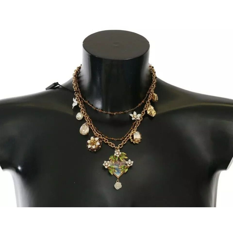 Dolce & Gabbana Gold Brass Crystal Floral Statement Charms Necklace SMYK381