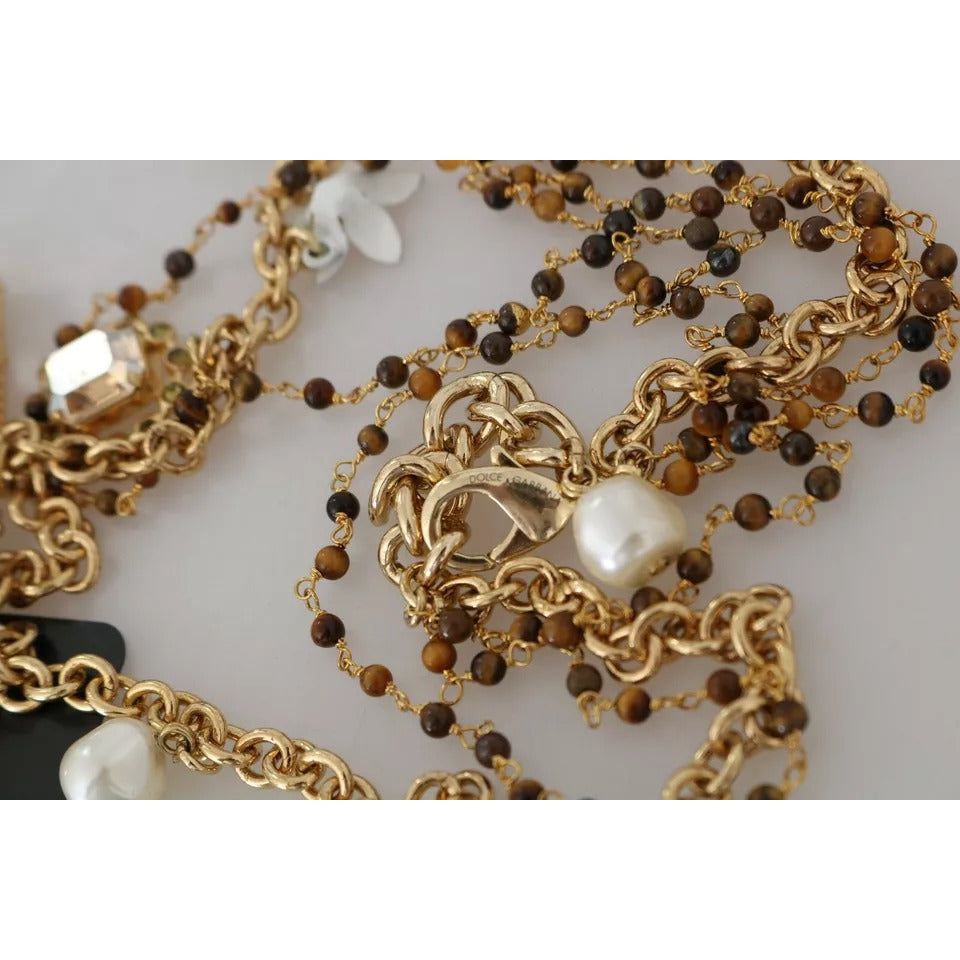 Dolce & Gabbana Gold Brass Crystal Floral Statement Charms Necklace SMYK381
