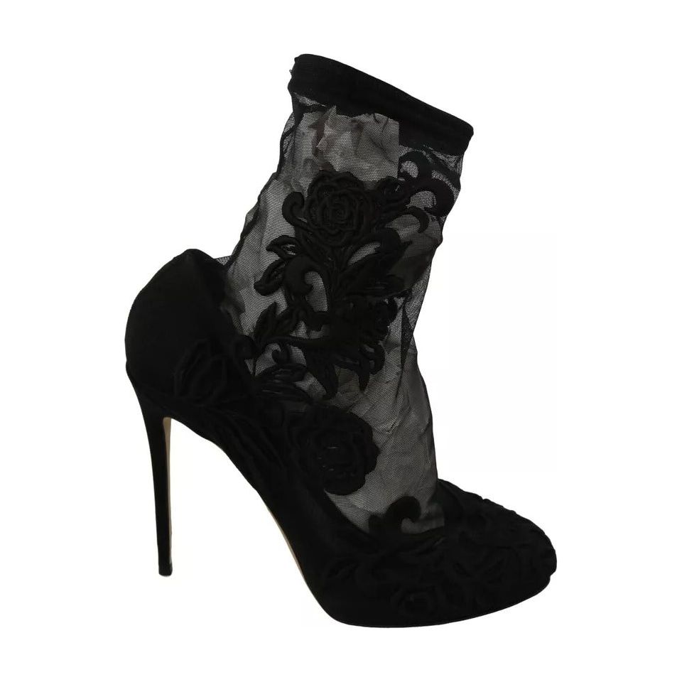 Dolce & Gabbana Black Tulle Stretch Floral Booties Shoes