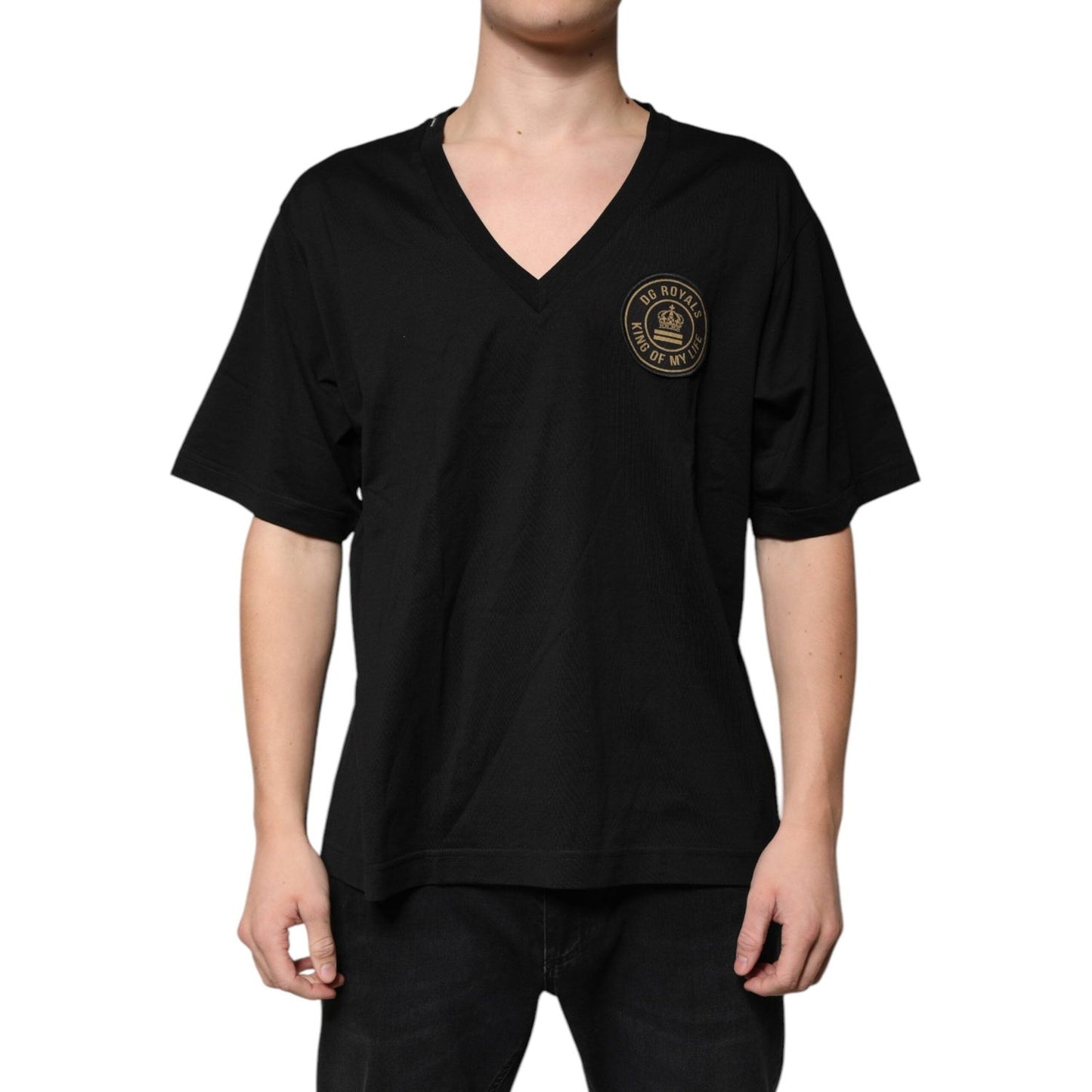 Dolce & Gabbana Black Cotton Logo Vneck Short Sleeve T-shirt TSH87440-46