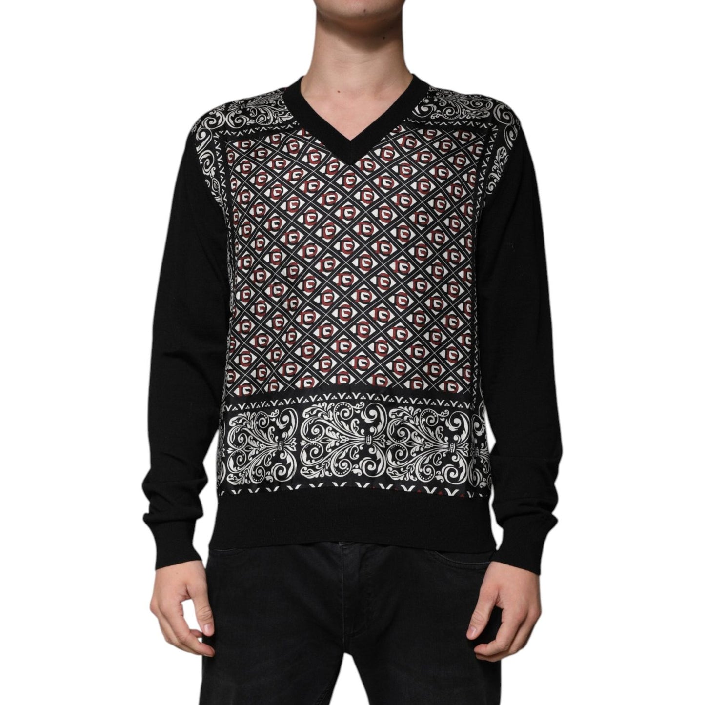 Dolce & Gabbana Black Logo Wool V-neck Pullover Sweater TSH87575-48