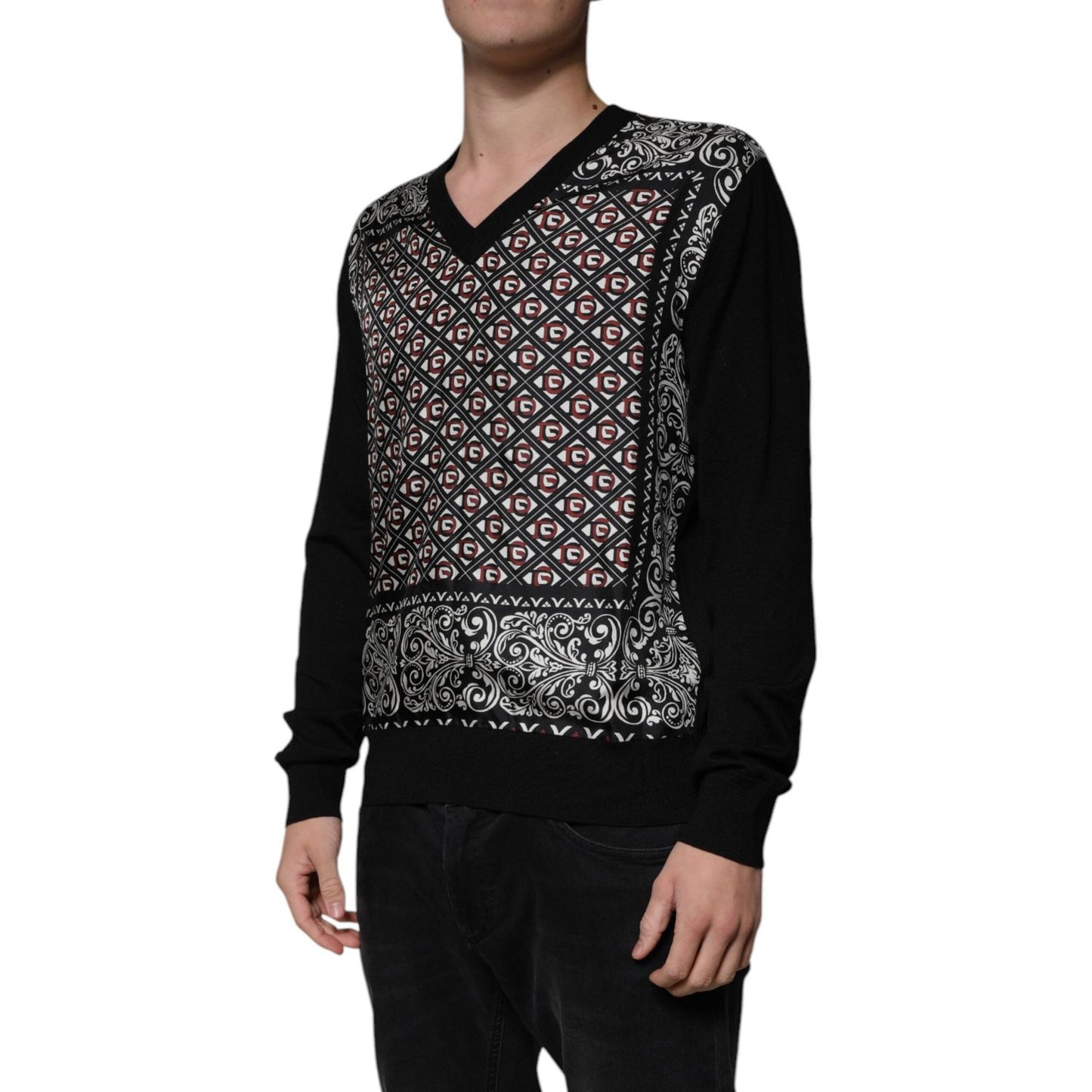 Dolce & Gabbana Black Logo Wool V-neck Pullover Sweater TSH87575-48