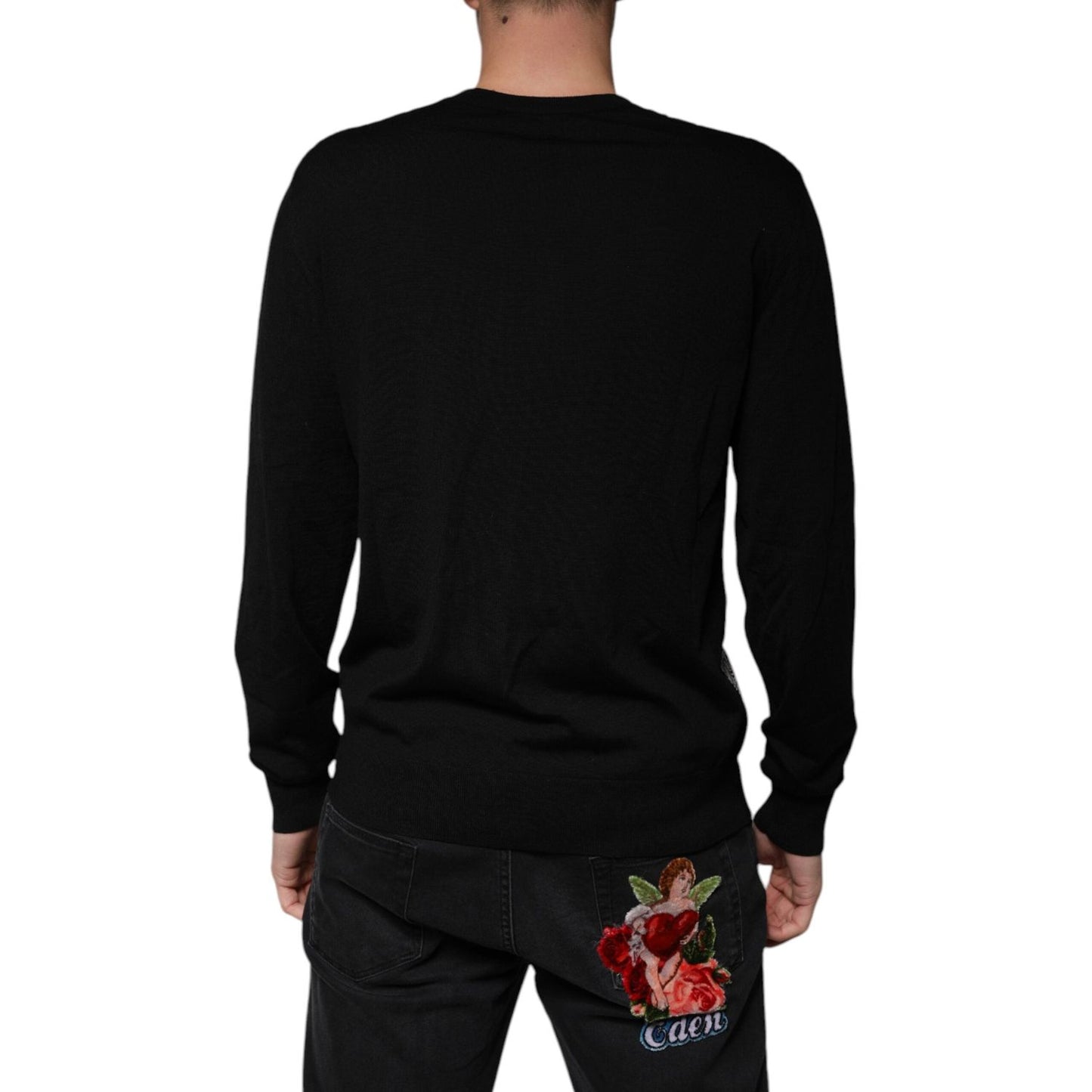 Dolce & Gabbana Black Logo Wool V-neck Pullover Sweater TSH87575-48