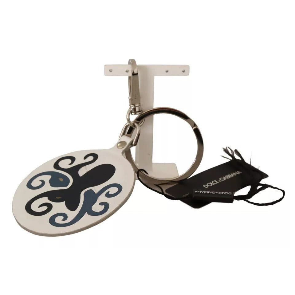 Dolce & Gabbana White Leather Printed Metal Silver Tone Keyring Keychain SMY100799