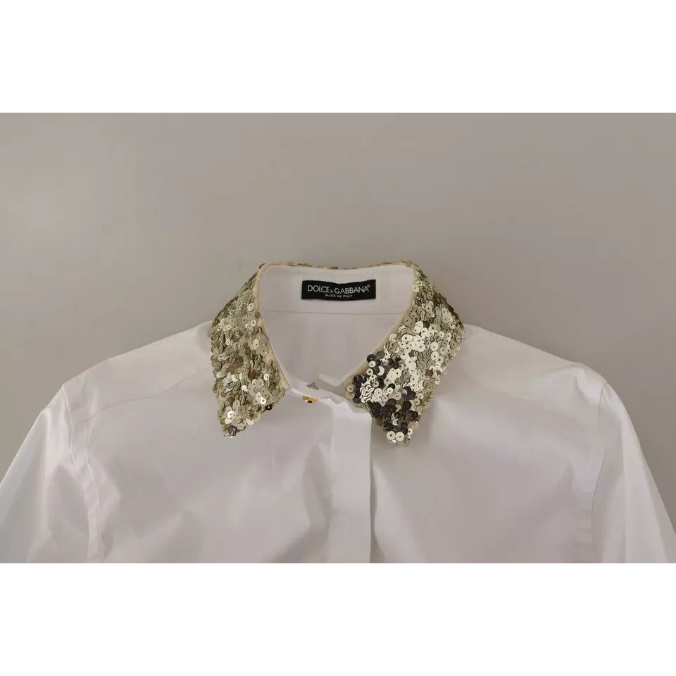 Dolce & Gabbana White Cotton Collared Long Sleeves Sequin Top Shirt TSH7626-38
