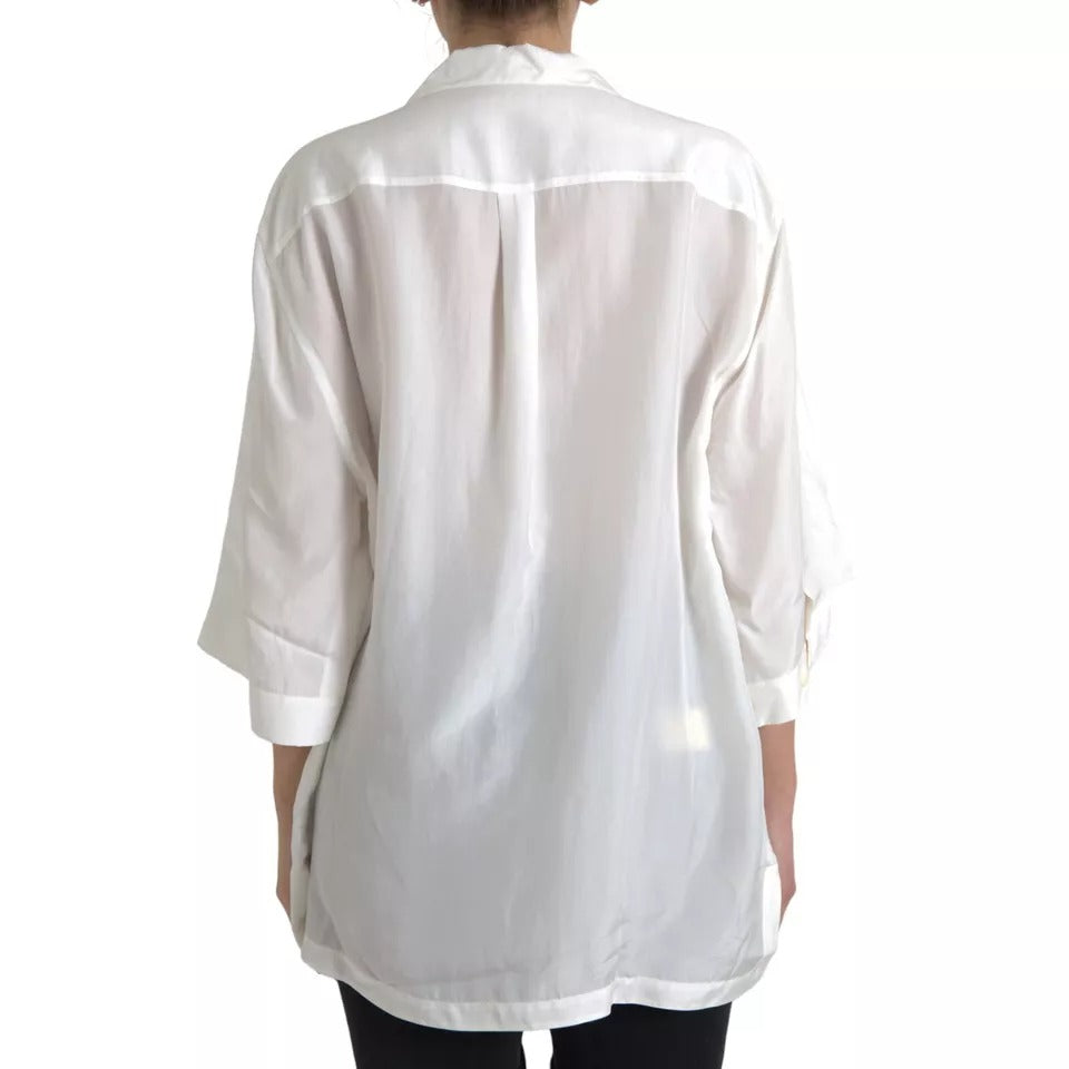 Dolce & Gabbana White Silk Collared 3/4 Sleeves Blouse Top TSH84786-48