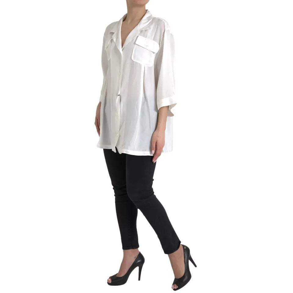 Dolce & Gabbana White Silk Collared 3/4 Sleeves Blouse Top TSH84786-48