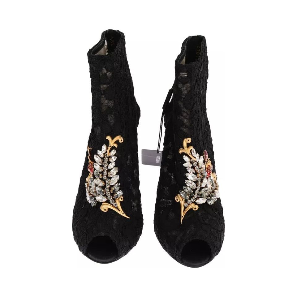 Dolce & Gabbana Black Crystal Lace Booties Stilettos Shoes LA3569-38.5