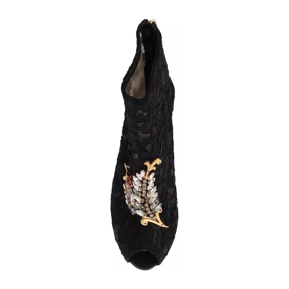 Dolce & Gabbana Black Crystal Lace Booties Stilettos Shoes LA3569-38.5
