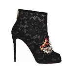 Dolce & Gabbana Black Crystal Lace Booties Stilettos Shoes LA3569-38.5
